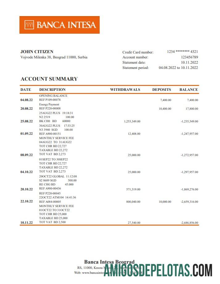 Serbia Banca Intesa Bank Statement Xls amostra